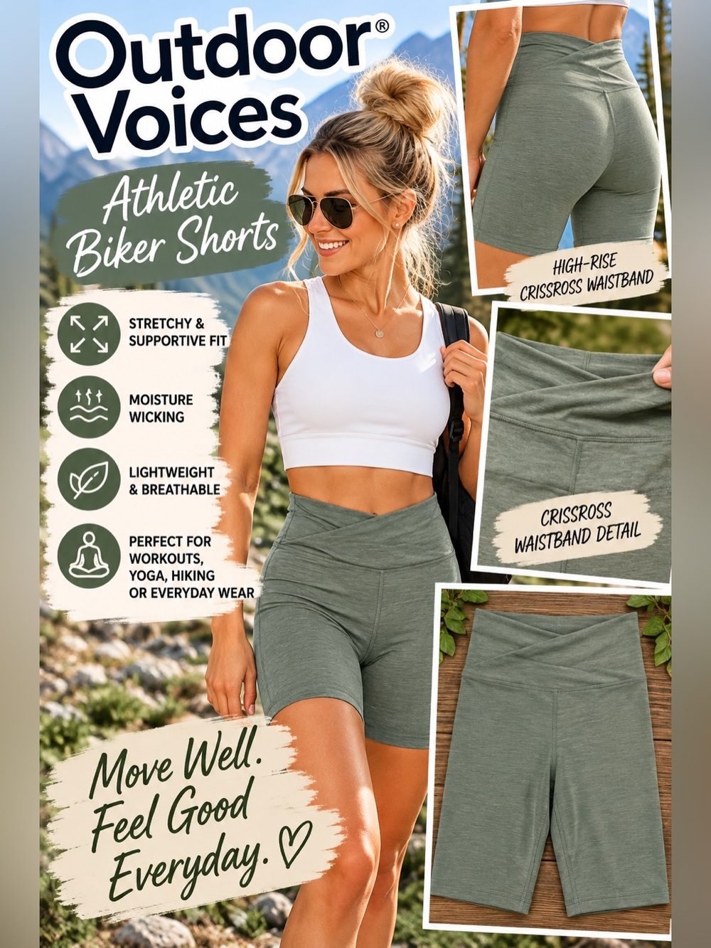 Outdoor Voices Olive Green Crisscross Waist Biker Shorts